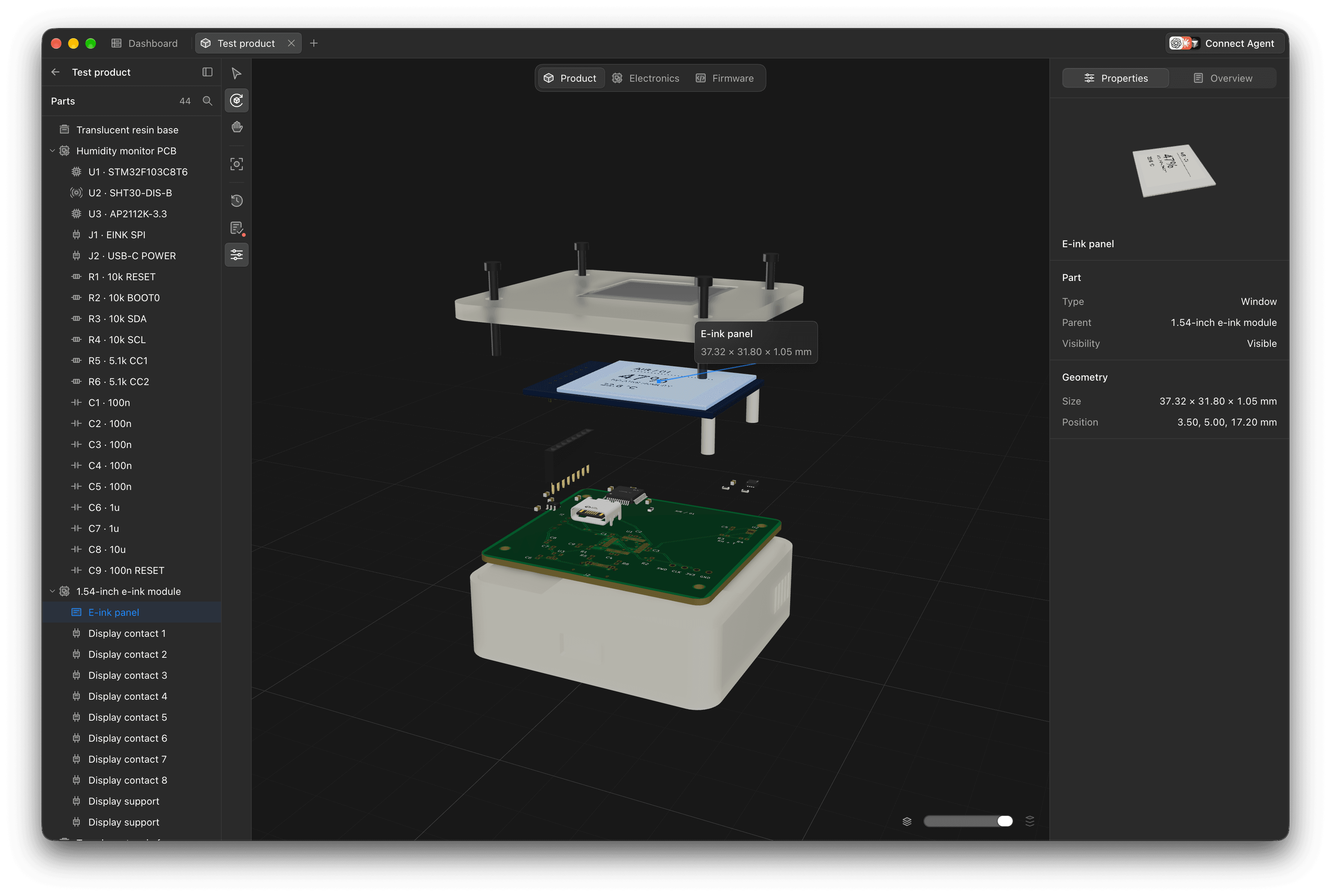Fabrikate desktop workbench showing the electronics, enclosure and display of an exploded hardware assembly.